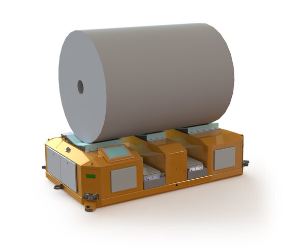 Ein orangefarbener Transportwagen mit einer großen Papierrolle oben drauf, ausgestattet mit mehreren Bedienelementen und Rädern.