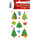 Weihnachtliche Aufkleber mit verschiedenen Tannenbäumen, Geschenken und Sternen in bunten Farben auf einem weißen Hintergrund.