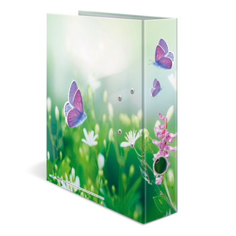 Ein Ordner mit einem bunten Design, das Schmetterlinge und Blumen auf einem grünen Hintergrund zeigt.