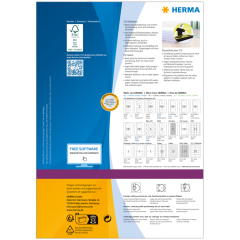 CD-Etiketten von HERMA mit Anleitungen zur Verwendung und Links zu kostenloser Software. Enthält QR-Code und Produktinformationen.