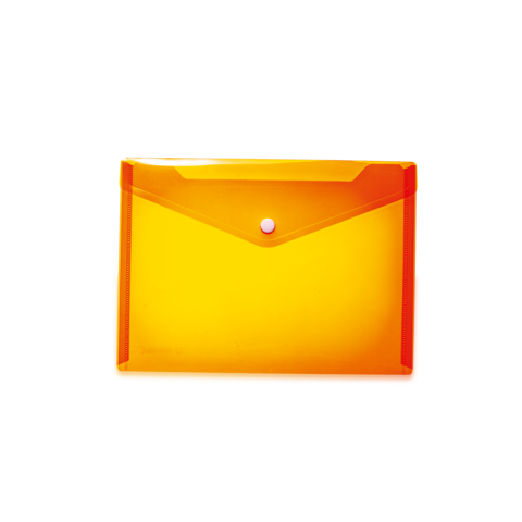 Transparente orangefarbene Mappe mit Druckknopfverschluss. Ideal für die Aufbewahrung von Dokumenten oder Unterlagen.
