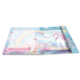 Ein offenes Notizbuch mit einem Einhorn, Regenbogen und rosa Blumen auf der Innenseite. Enthält leere Felder für Themen und Notizen.