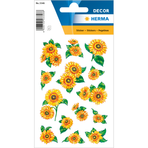 Bunte Aufkleber mit verschiedenen Sonnenblumenmotiven auf einem weißen Hintergrund. Enthält mehrere Größen und Designs.