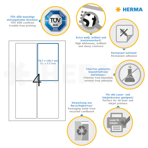Etikettenbeschreibung mit technischen Details: Maße 78,7 x 139,7 mm, permanent haftend, chlorfrei, geeignet für Laser- und Inkjetdrucker.