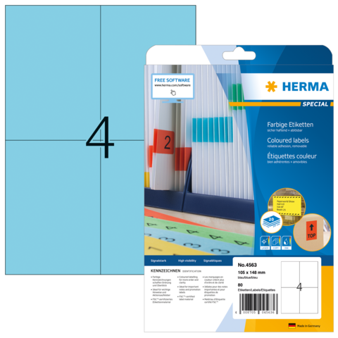 Bunte Etiketten von Herma, Packung mit verschiedenen Farben und Größen, geeignet für Beschriftungen und Organisation.