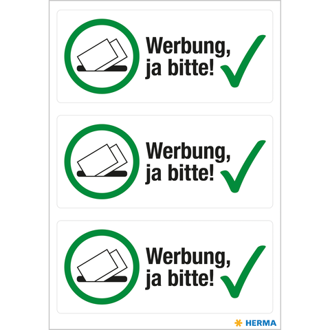 Drei Aufkleber mit dem Text "Werbung, ja bitte!" und einem Häkchen, um Zustimmung zu Werbung auszudrücken.