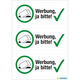 Drei Aufkleber mit dem Text "Werbung, ja bitte!" und einem Häkchen, um Zustimmung zu Werbung auszudrücken.