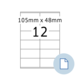 Etikettenlayout mit den Maßen 105 mm x 48 mm und der Anzahl 12. Ein Symbol für ein Dokument ist ebenfalls vorhanden.