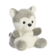 Plüschwolf mit grauem und weißem Fell, sitzend mit runden Ohren und einem freundlichen Gesichtsausdruck.