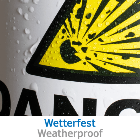 Gelbes Warnsymbol mit Sonnenstrahlen und Tropfen, darunter der Text "Wetterfest" in Blau und "Weatherproof" in Grau.