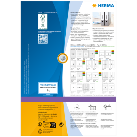 Anleitung zur Nutzung von HERMA-Produkten, einschließlich QR-Code und Informationen zu kostenloser Software. Grafiken und Diagramme zur Produktanwendung sind ebenfalls enthalten.