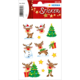 Weihnachtliche Aufkleber mit Rentieren, einem Schneemann, einem Weihnachtsbaum und Geschenken, umgeben von Sternen.