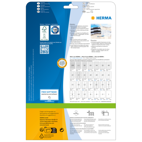 Rückseite einer Verpackung für HERMA Produkte mit Informationen zu Software, Anwendungshinweisen und einem QR-Code.