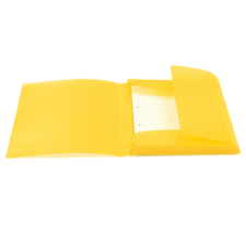 Gelber Ordner mit einer offenen Klappe und einem inneren Fach für Dokumente.