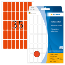 Rote Haftetiketten auf einem Bogen mit der Nummer 35, verpackt in einer transparenten Hülle. Enthält 32 Etiketten.