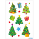 Weihnachtliche Aufkleber mit verschiedenen Tannenbäumen, Geschenken und Sternen in bunten Farben auf weißem Hintergrund.