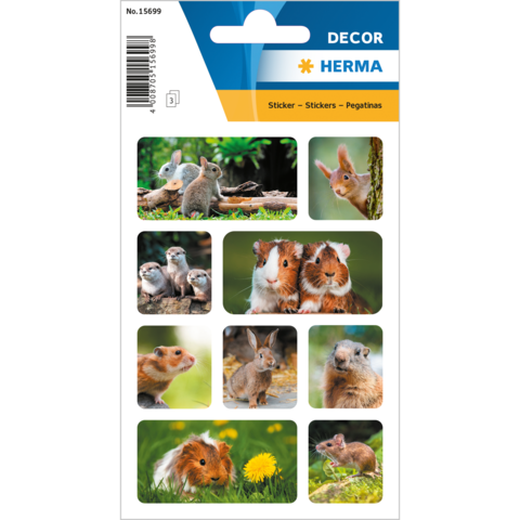 Tieraufkleber mit verschiedenen kleinen Tieren, darunter Kaninchen, Meerschweinchen und Eichhörnchen, auf einem bunten Hintergrund.