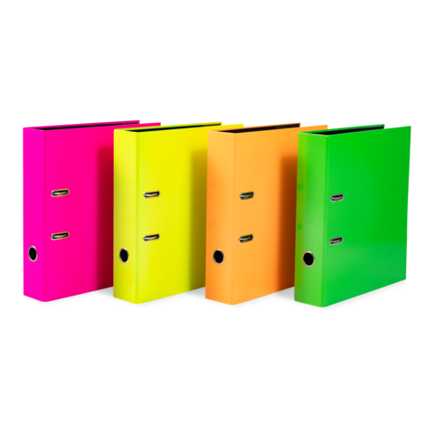Vier farbige Ordner in Pink, Gelb, Orange und Grün, aufrecht stehend, mit jeweils zwei Löchern auf der Vorderseite.