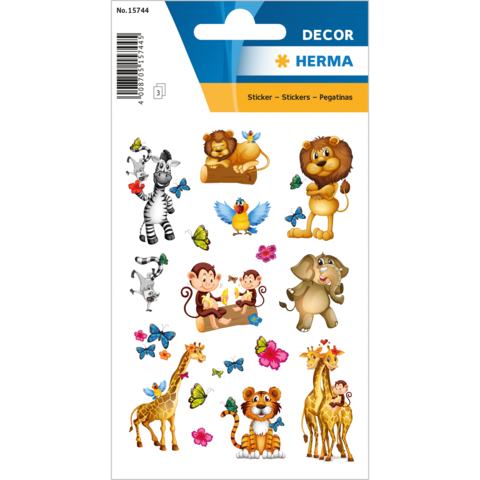 Bunte Tieraufkleber mit einem Löwen, Zebra, Affen, Elefant, Giraffen und verschiedenen Schmetterlingen und Blumen.
