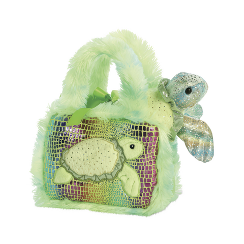 Grüne Plüschhandtasche mit einer Schildkrötenapplikation und einem kleinen, glitzernden Schildkrötenanhänger.