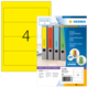 Gelbe Etiketten für Ordner mit der Nummer 4, verpackt in einer bunten Hülle. Enthält Informationen zu Software und Anwendungshinweisen.