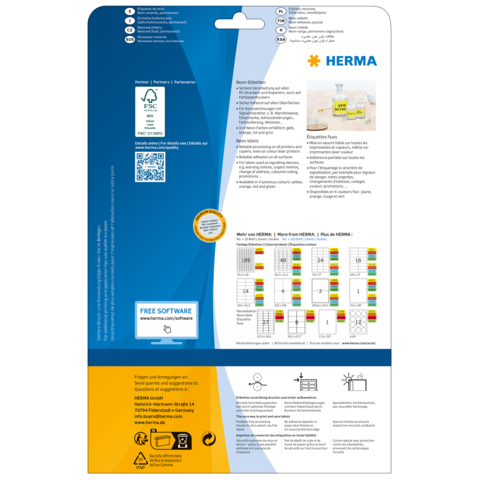 Rückseite einer Verpackung mit Informationen zu HERMA, einschließlich Softwarehinweis und Anleitungen zur Verwendung von Etiketten.