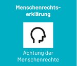 Menschenrechtserklärung mit Symbol von drei Personen und dem Text "Achtung der Menschenrechte" auf blauem Hintergrund.