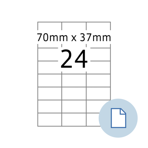 Ein Layout mit 24 Feldern, jedes 70 mm x 37 mm groß, zur Verwendung für Etiketten oder Druck.