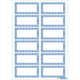 Ein Blatt mit zwölf leeren Etiketten, umrahmt von einem blauen, dekorativen Muster. Ideal für Beschriftungen oder personalisierte Notizen.