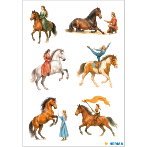 Verschiedene Szenen mit Frauen und Pferden, darunter Reiten, Pflege und akrobatische Darstellungen.