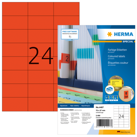 Rote Etiketten auf einem Bogen mit der Nummer 24, verpackt in einer Herma-Verpackung, die farbige Etiketten beschreibt.