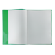 Ein offenes Notizbuch mit kariertem Papier und einem grünen Einband. Die Seiten sind leer und unbeschrieben.