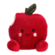 Kuscheliges rotes Apfelplüschtier mit einem Biss, lächelnd und mit rosa Wangen, auf einem neutralen Hintergrund.