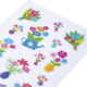 Bunte Aufkleber mit verschiedenen Blumenmotiven, darunter Vasen und Sträuße in verschiedenen Farben und Designs.