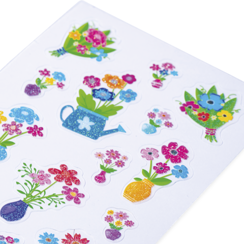 Bunte Aufkleber mit verschiedenen Blumenmotiven, darunter Vasen und Sträuße in verschiedenen Farben und Designs.