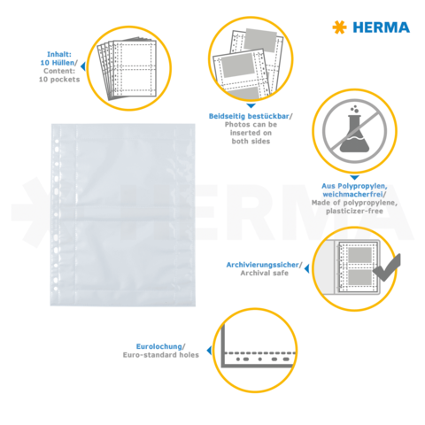 Transparente Sammelhülle mit 10 Taschen, beidseitig bestückbar, aus Polypropylen, archivierungssicher, mit Eurolochung.