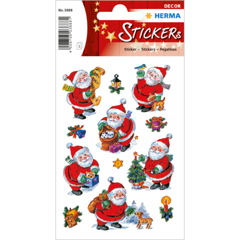 Weihnachtliche Aufkleber mit verschiedenen Santa Claus Motiven, darunter Geschenke, Sterne und Weihnachtsdekoration.