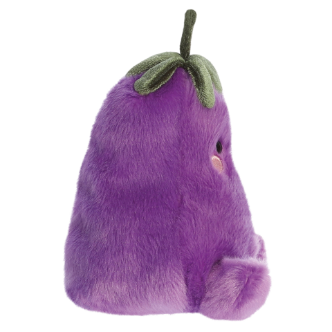Lila Plüschfigur in Form einer Aubergine mit grünen Blättern oben und einem freundlichen Gesicht.