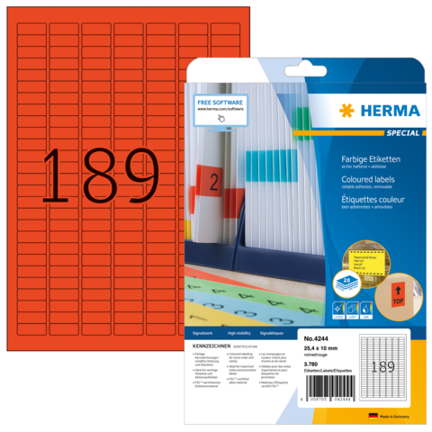 Rote Etiketten auf einem Bogen mit der Nummer 189, verpackt in einer transparenten Hülle von Herma.