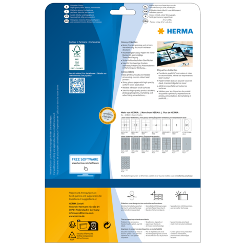 Produktverpackung von HERMA mit Informationen zu Software und Anwendung, einschließlich QR-Code und technischen Details.