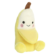 Plüschbanane mit einem lächelnden Gesicht, gelber Schale und braunem Stiel, sitzt aufrecht und hat runde, schwarze Augen.