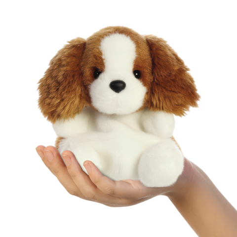 Ein braun-weißes Plüschhundchen wird von einer Hand gehalten. Das Spielzeug hat große Augen und weiche Ohren.
