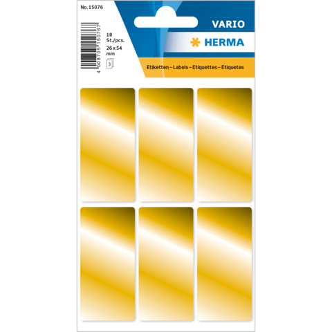 Blatt mit 18 goldenen Etiketten, jeweils 26 x 54 mm, auf einer Trägerfolie. Ideal zum Beschriften und Organisieren.