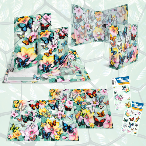 Bunte Schmetterlinge und Blumen auf verschiedenen Karten und einem Aufsteller, umgeben von einem hellen, gemusterten Hintergrund.