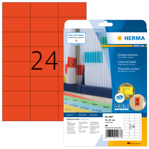 Rote Etiketten mit der Nummer 24, verpackt in einer transparenten Hülle. Hersteller: HERMA, Produktnummer: 4467.