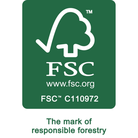 FSC-Logo, das für verantwortungsvolle Forstwirtschaft steht, mit der Website www.fsc.org und der Kennzeichnung FSC C110972.