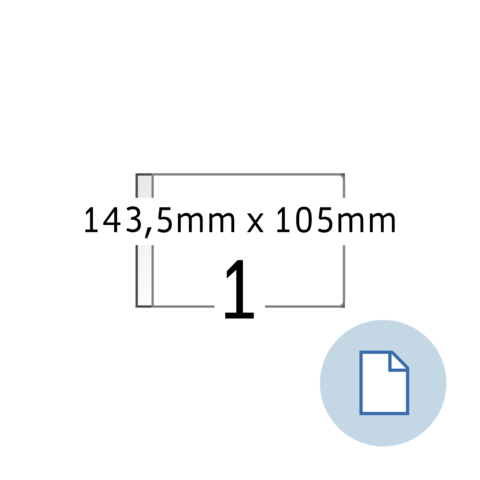 Maßangaben für ein Dokument: 143,5 mm x 105 mm, mit der Zahl 1 und einem Symbol für ein Dokument in der unteren Ecke.
