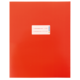 Rotes Heft mit einem weißen Aufkleber, der drei leere Linien zeigt.