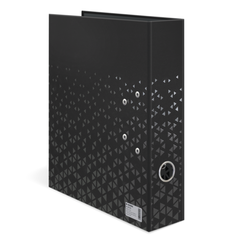 Schwarzer Ordner mit einem geometrischen Muster aus kleinen, hellen Dreiecken an der unteren Hälfte und einem runden Loch auf der Vorderseite.