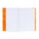 Ein offenes kariertes Notizbuch mit orangefarbenem Einband und dem Wort "CHANGE" auf der linken Seite.